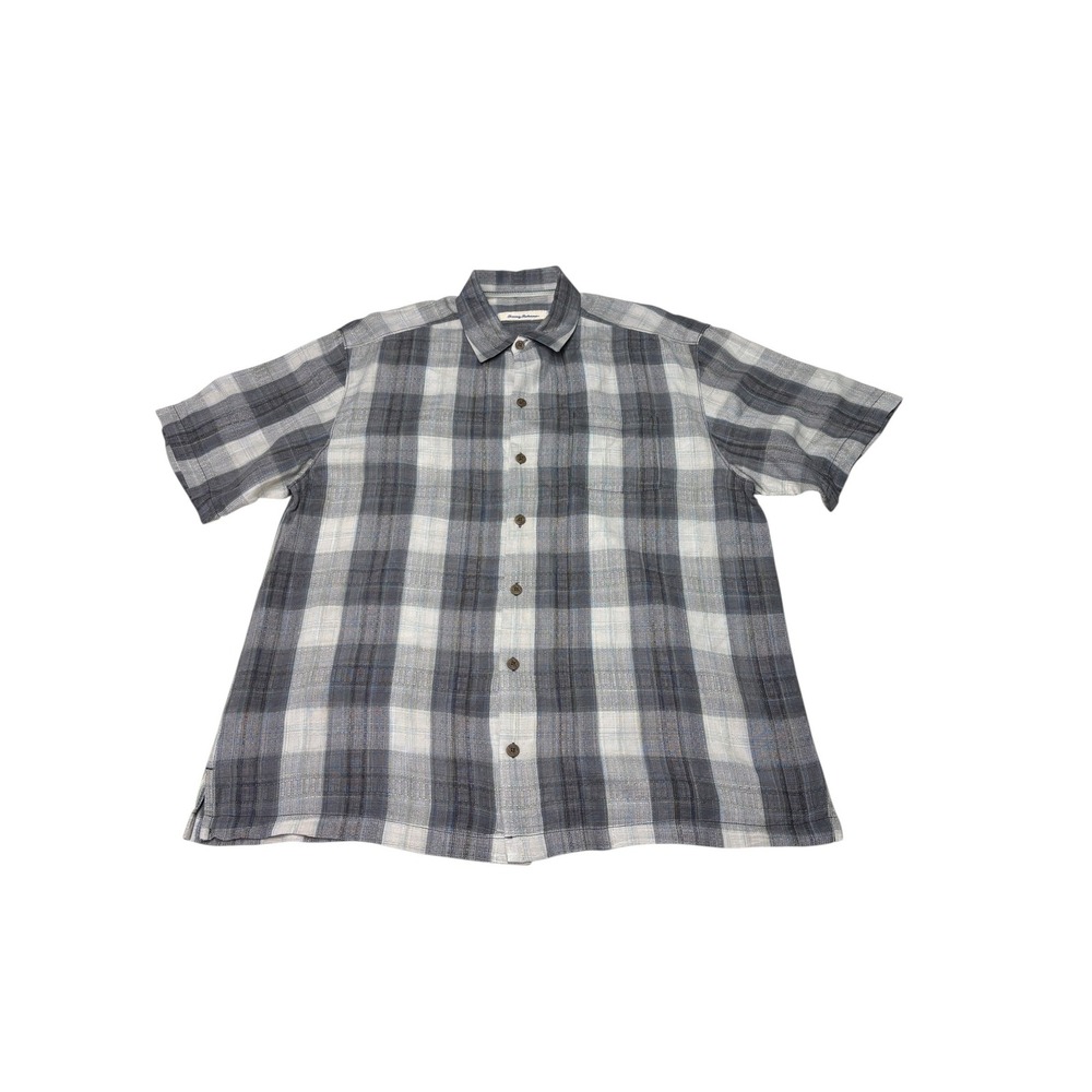 Tommy Bahama Mens XL Silk Short Sleeve Plaid Button Down Shirt Grey White
